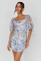 Addicted To Love Pleated Bust Dress Floral Blue/Mocha
