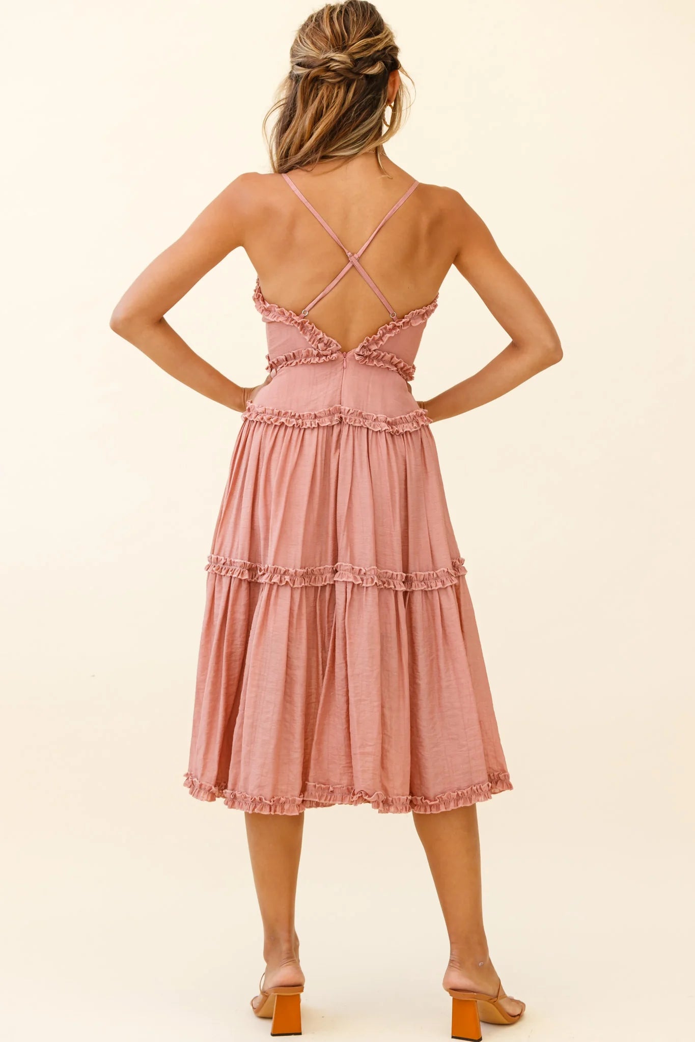 Laney Low Back Cami Strap Midi Dress Rose