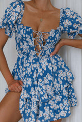 Buongiorno Bella Shirred Lace Up Mini Dress Floral Blue