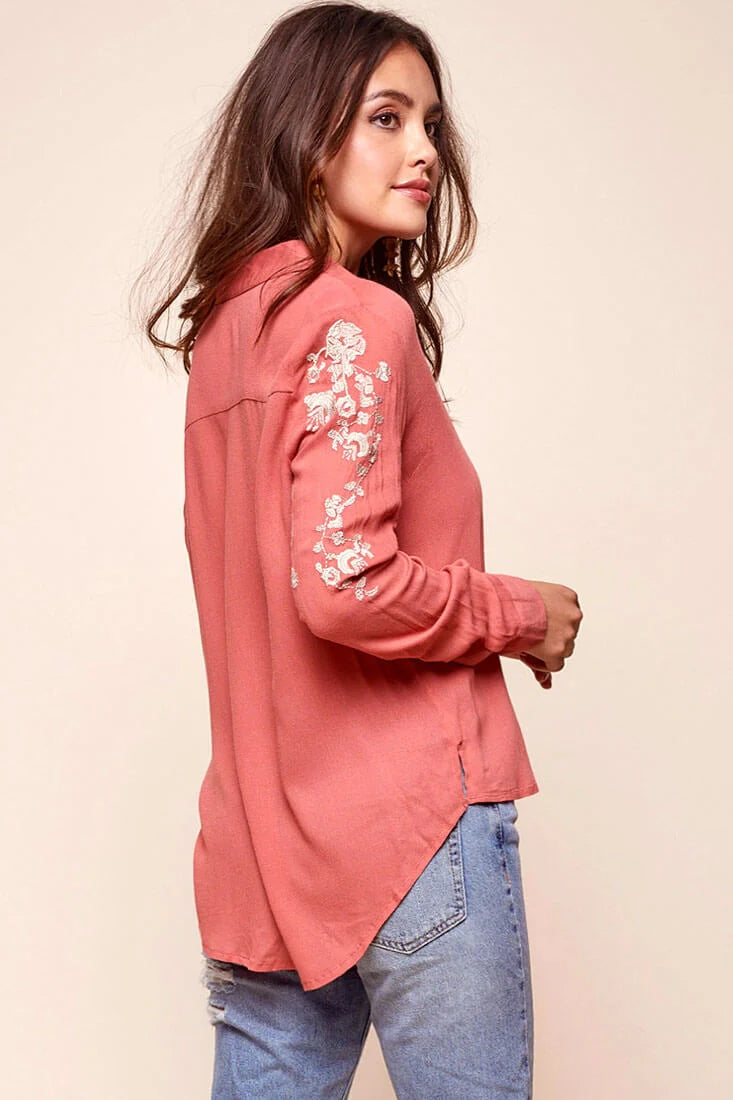 Issa Floral Sleeved Button Up Top Rust