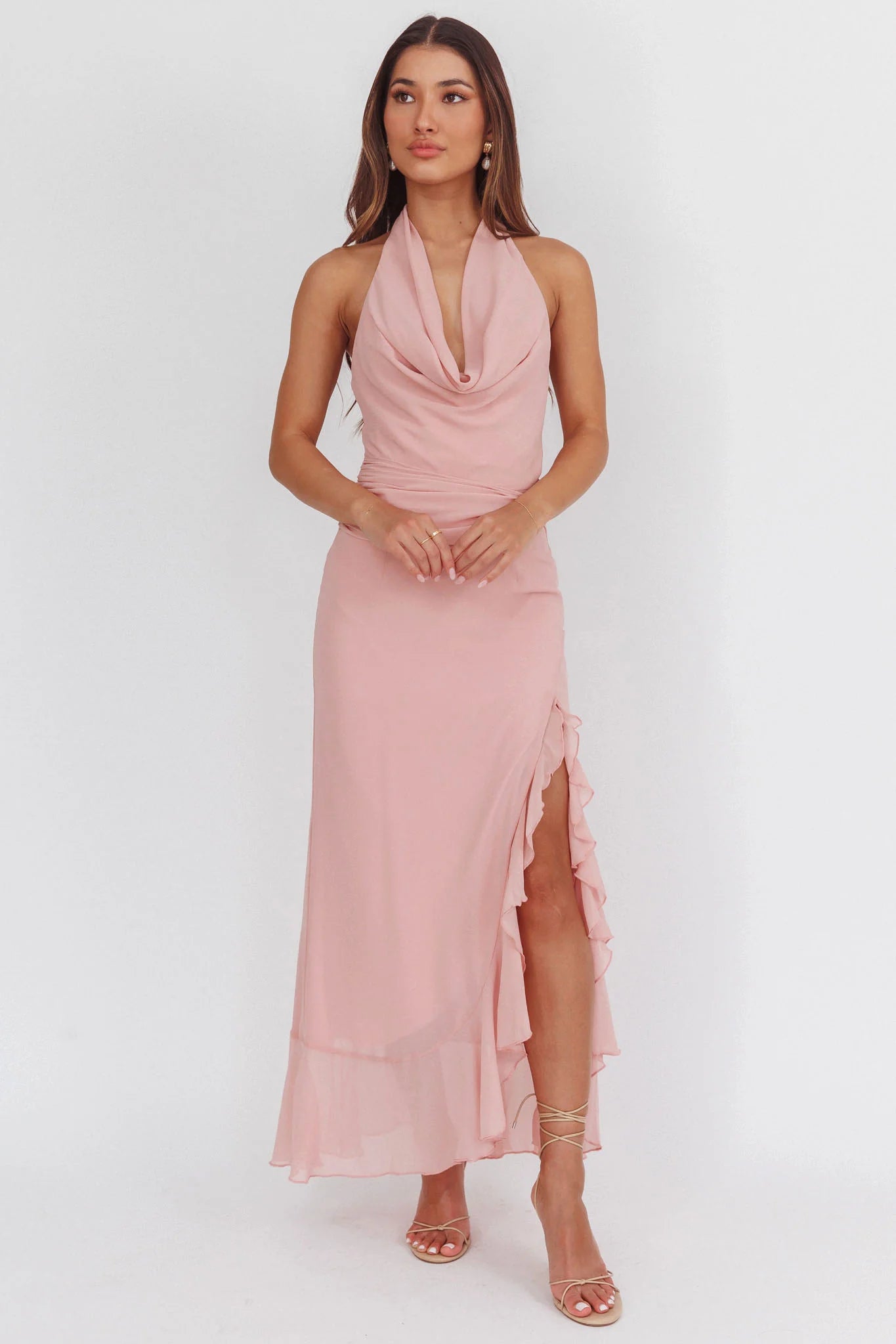 Logen Cowl Halterneck Maxi Dress Blush