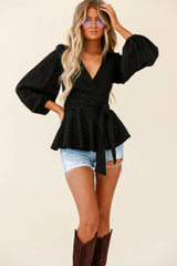 Macy Fit & Flare Wrap Top Stripe Pattern Black