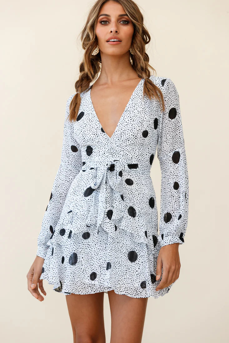 Kerry Layered Balloon Sleeve Dress Black Spot Print White