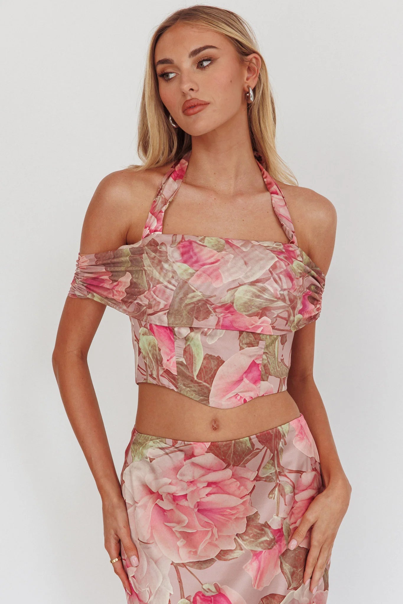 Sunset High Halterneck Crop Top Floral Blush