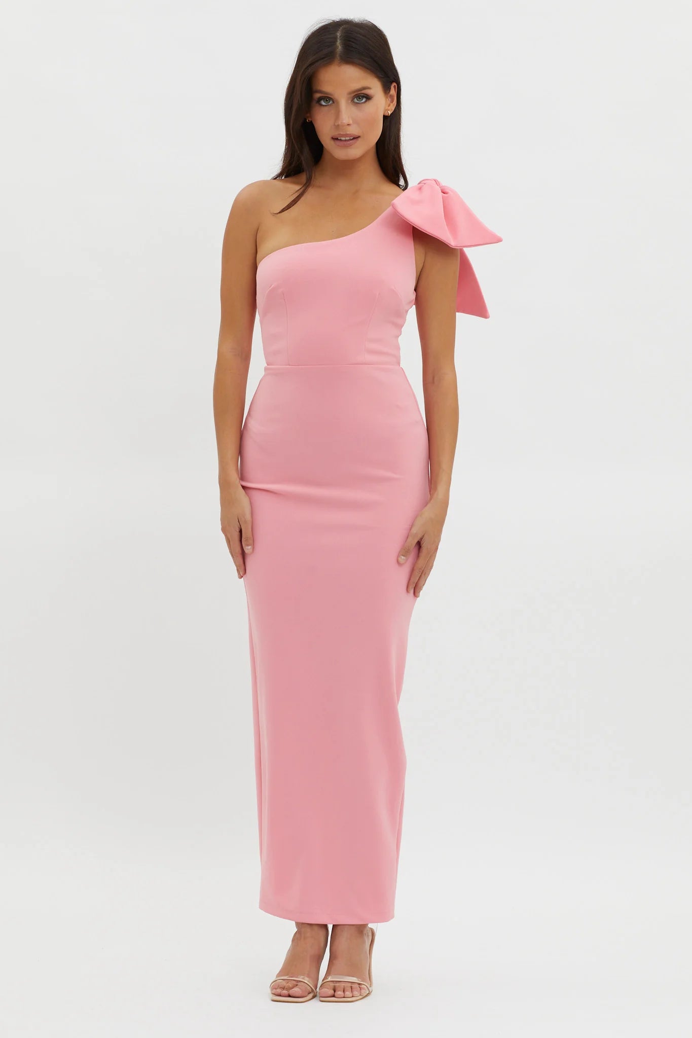 Tiffany One-Shoulder Bow Maxi Dress Pink
