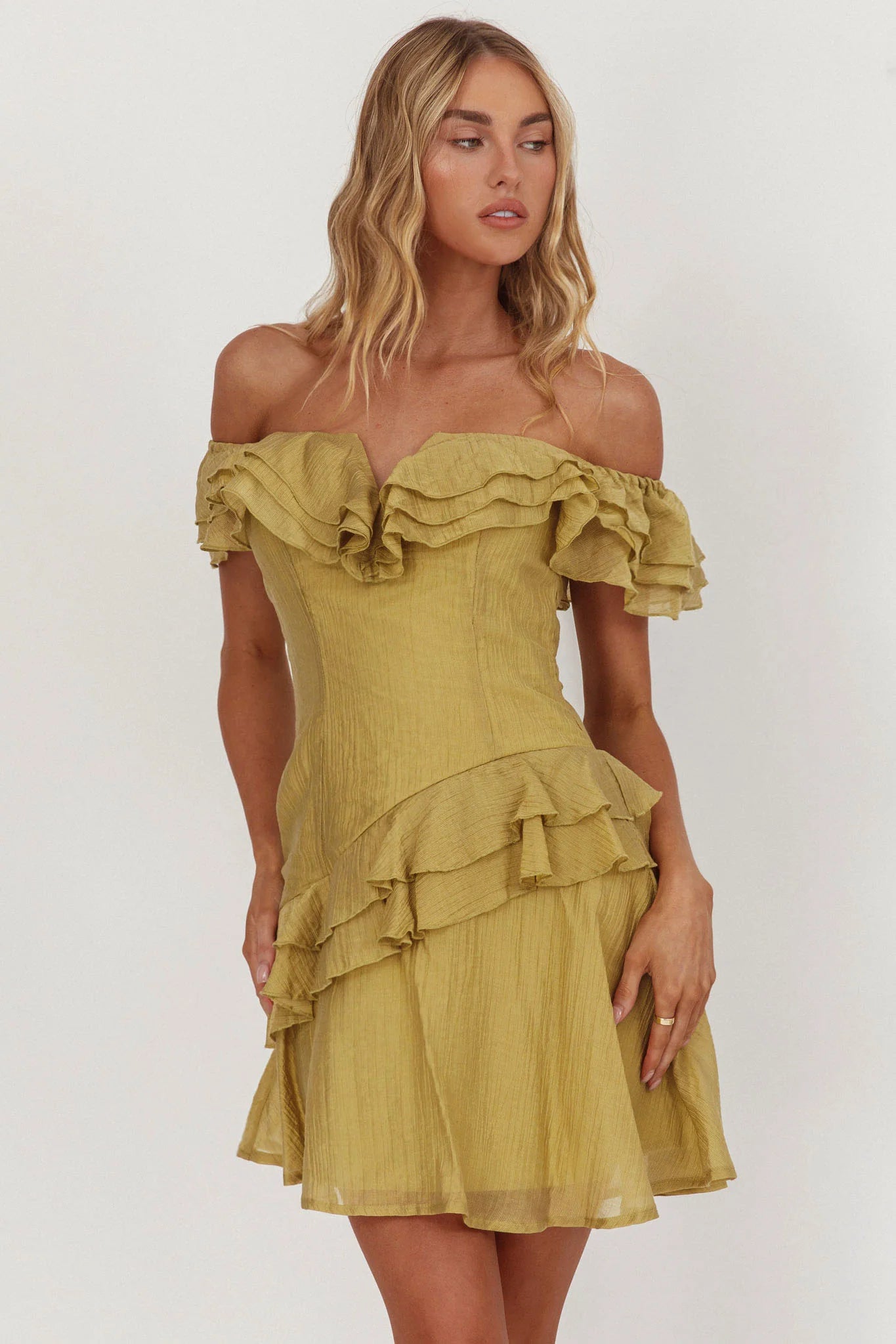 Sinclair Off-Shoulder Ruffle Trim Mini Dress Khaki