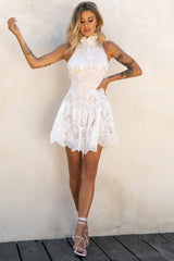 Empress High Neck Open Back Lace Dress White