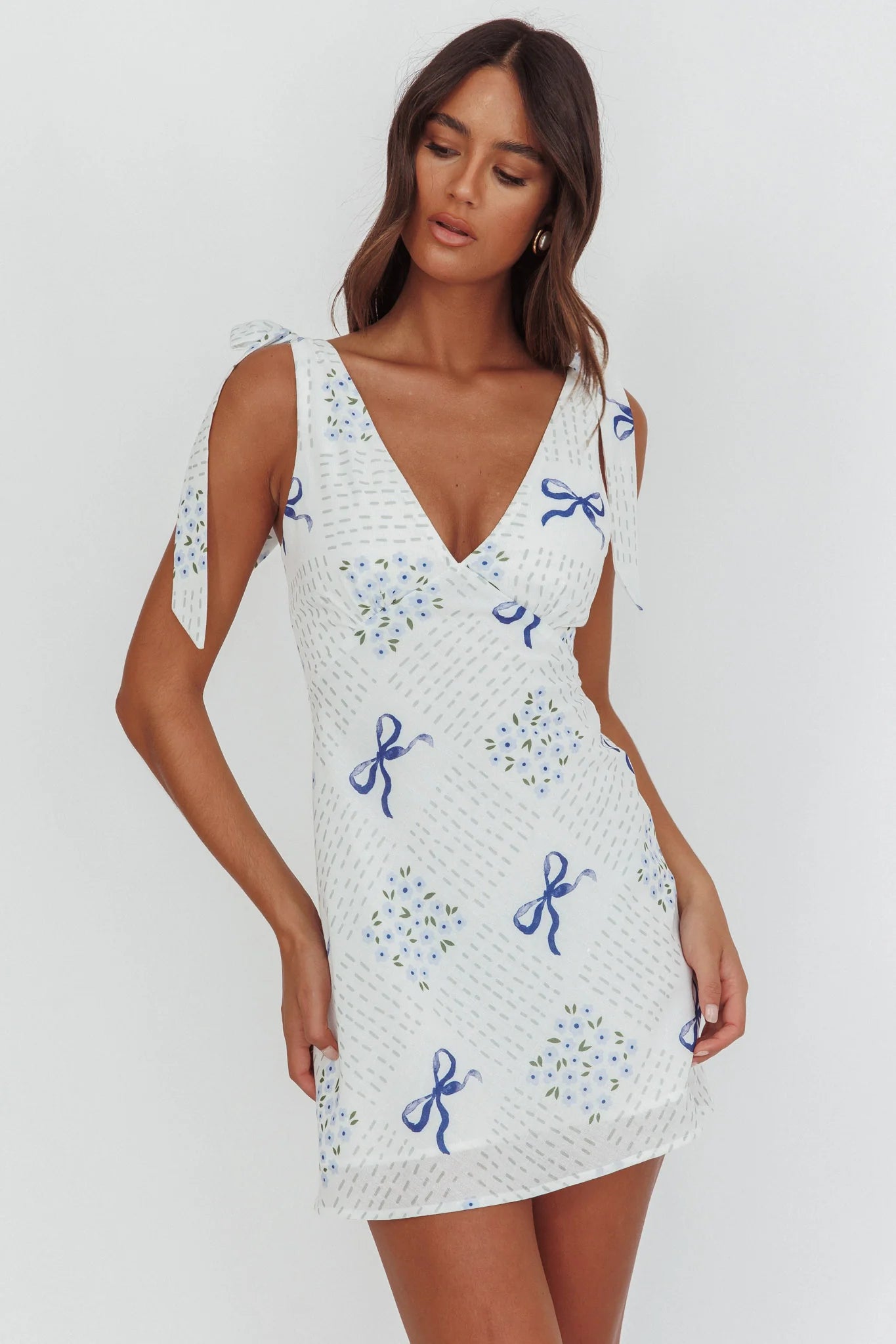 Mykonos Morning Tied Shoulder Mini Dress Bows Blue