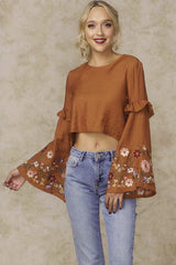 Normani Floral Bell Sleeved Crop Top Orange
