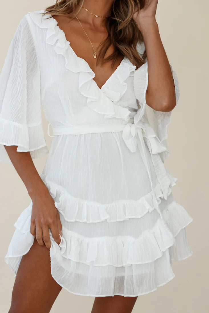 Time Will Tell Angel Sleeve Frill Detail Dress White