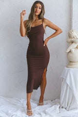 Frieda Cowl Neck Side Split Ribbed Midi Dress Desert Chocolate
