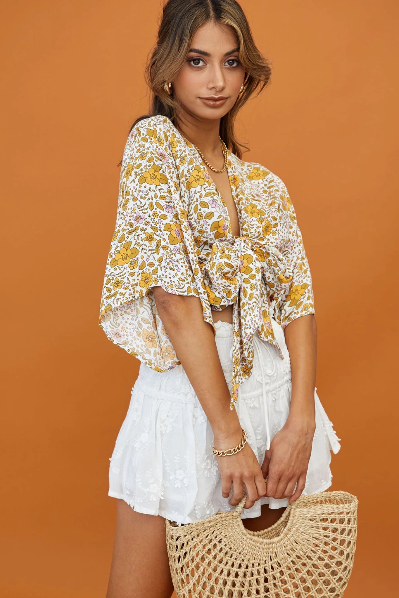 Rivera Deep-V Tie Front Crop Top Floral Print White/Yellow