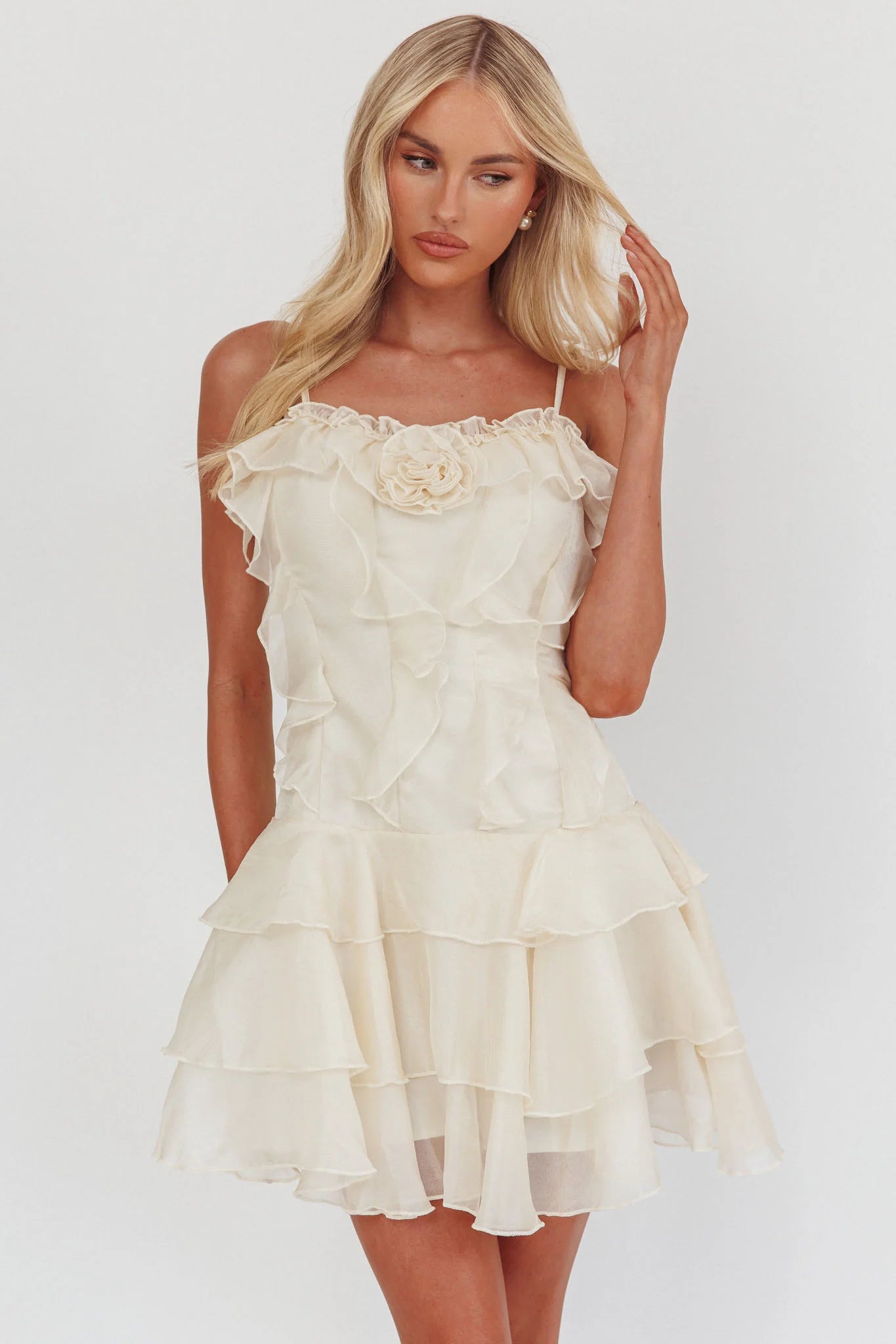 Sweetest Things Frill Trim Rosette Mini Dress Cream