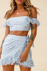Sonnet Lace Trim Crop Top Steel Blue