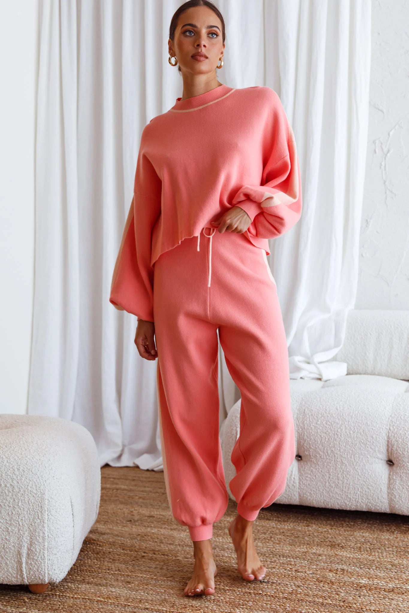 Take Me Back Balloon Sleeve Drop Shoulder Brushed Knit Sweater Peach