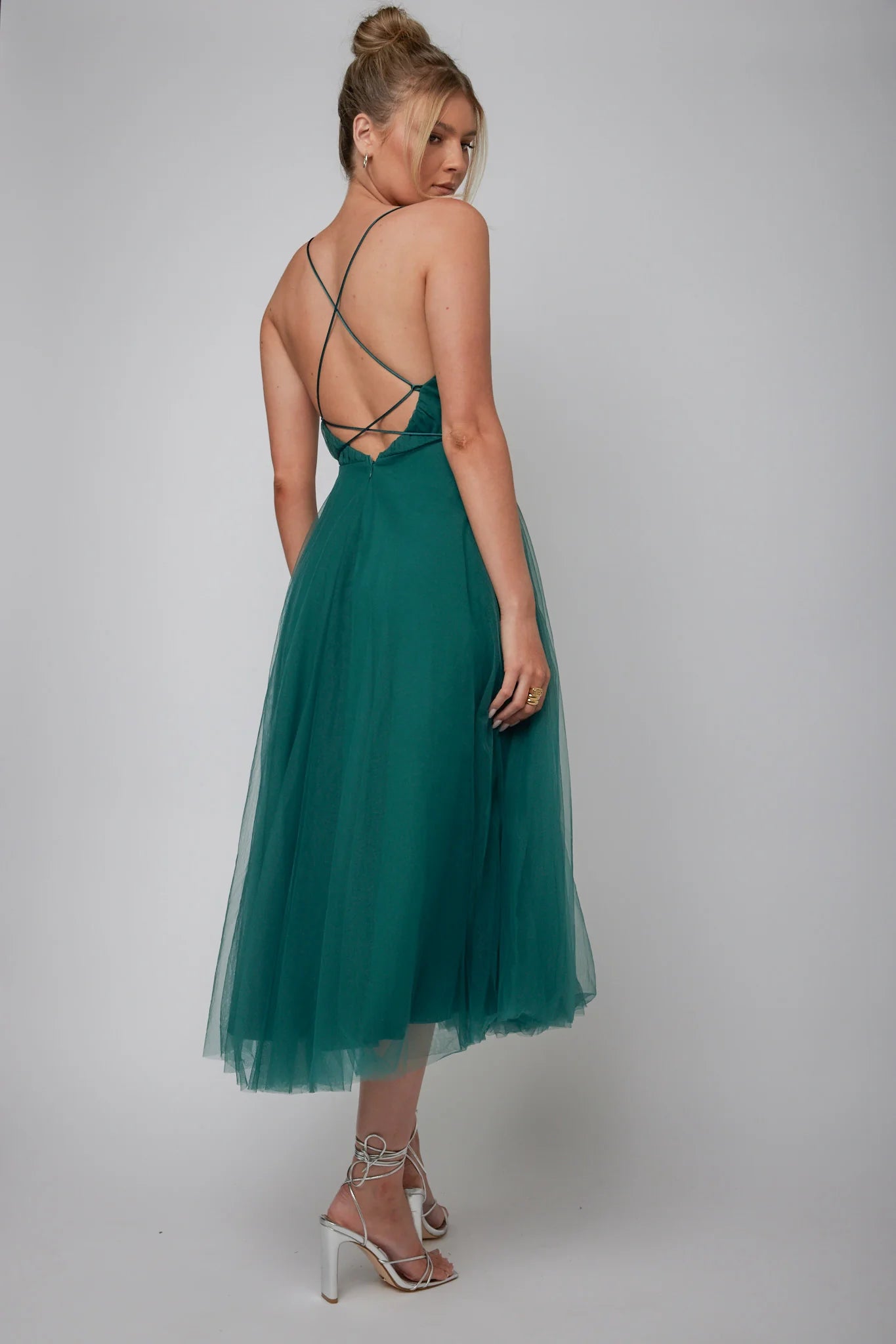 Floating By Plunging Neckline Mesh Overlay Midi Dress Forest Green