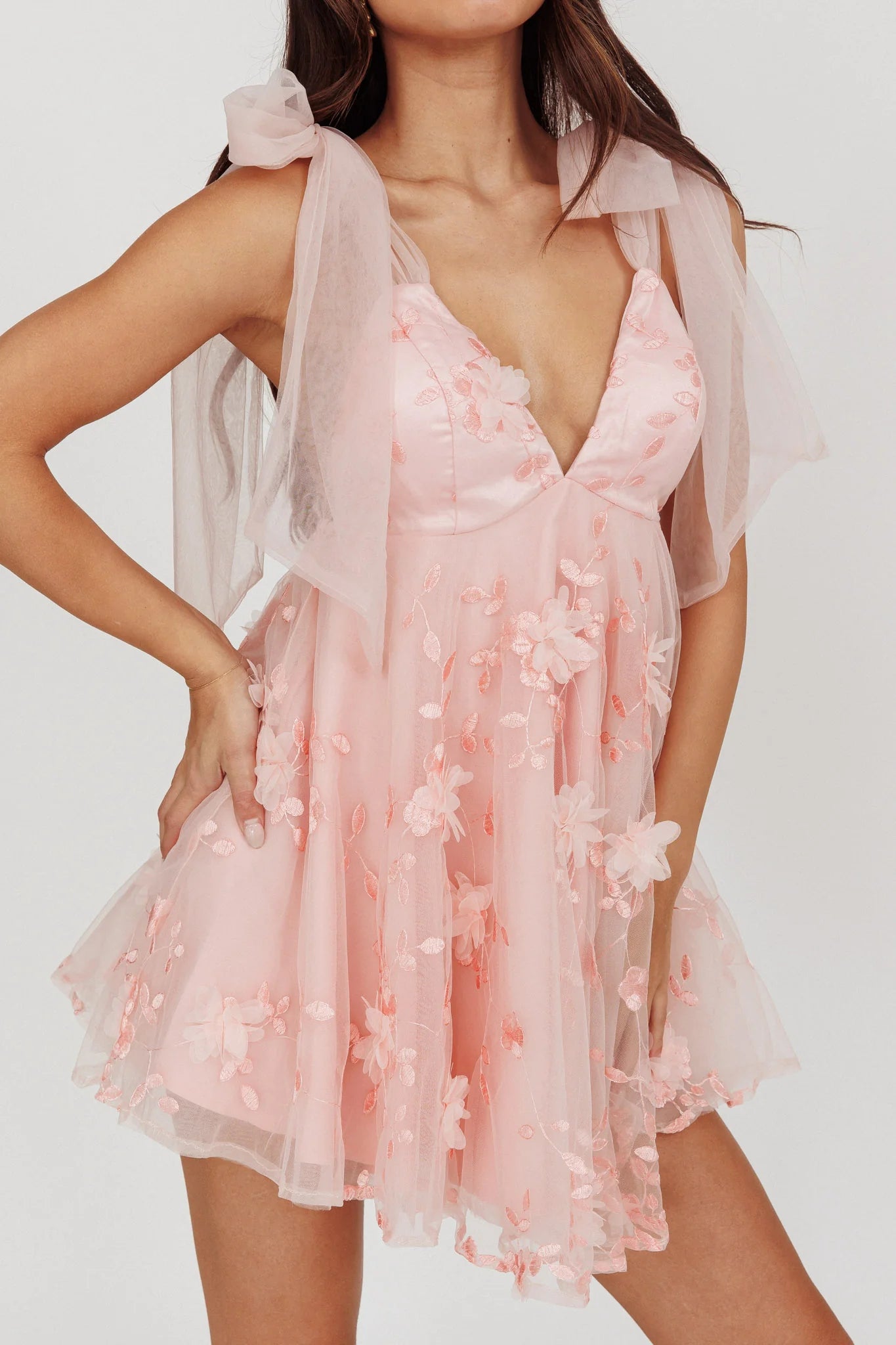 Chantilly Tied Shoulder Mini Dress Pink