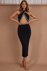 Vanna Diamante Trim Halterneck Dress Black