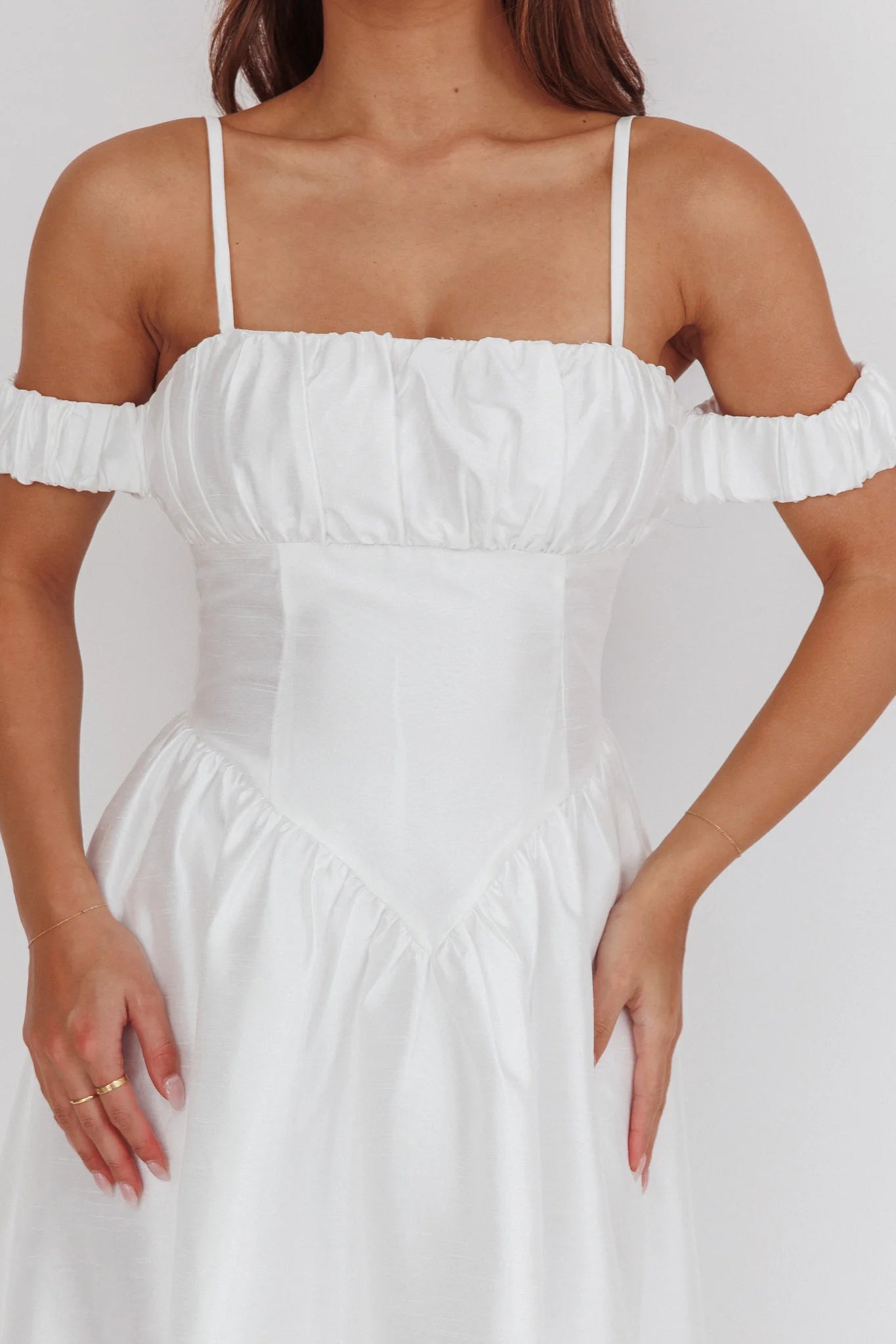 Heavens Above Off-Shoulder Basque Waist Midi Dress Ivory