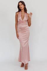 Italia Azure Pleat Bodice Halterneck Maxi Dress Blush