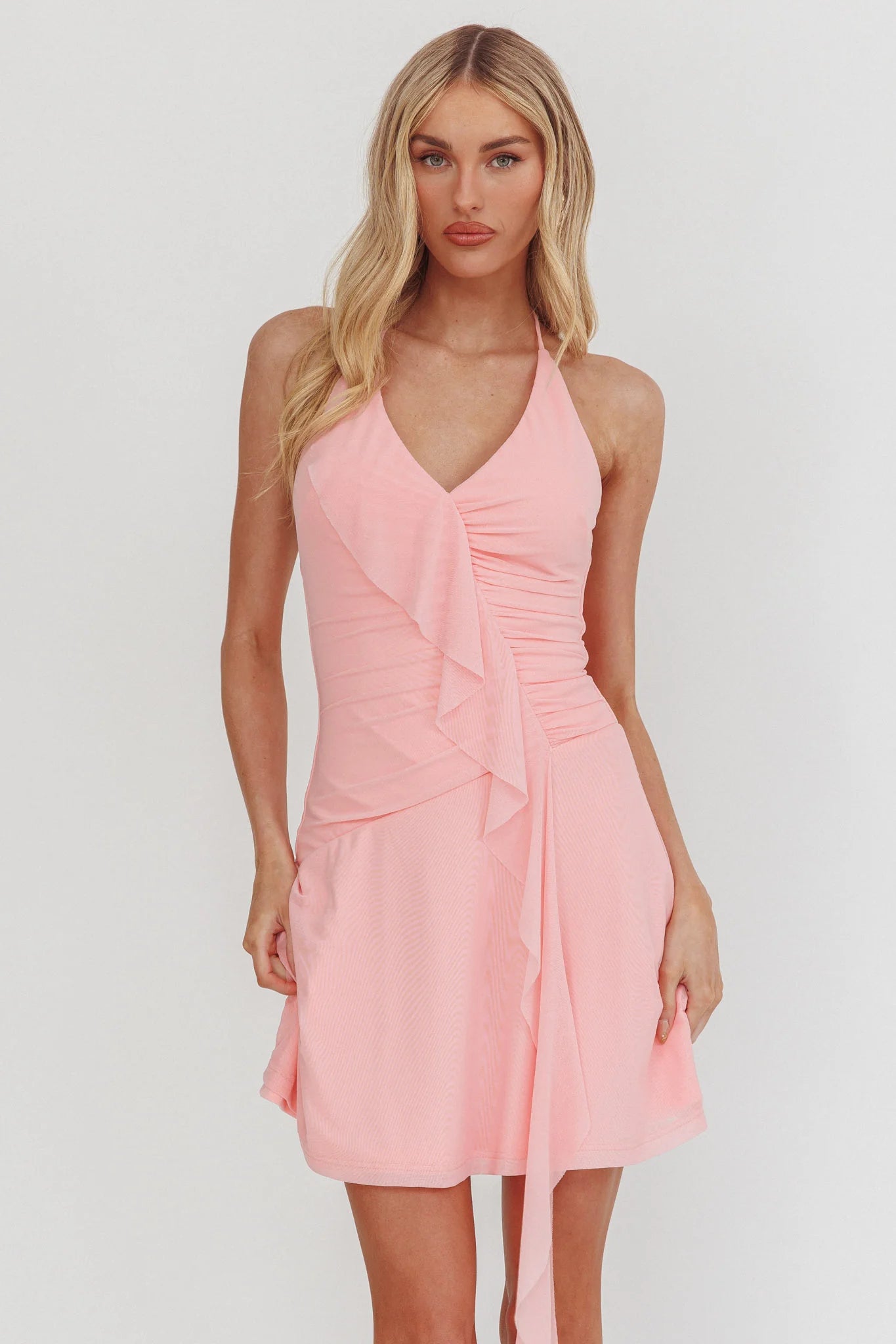 Belize Nights Ruffle Trim Halter Neckline Mini Dress Pink