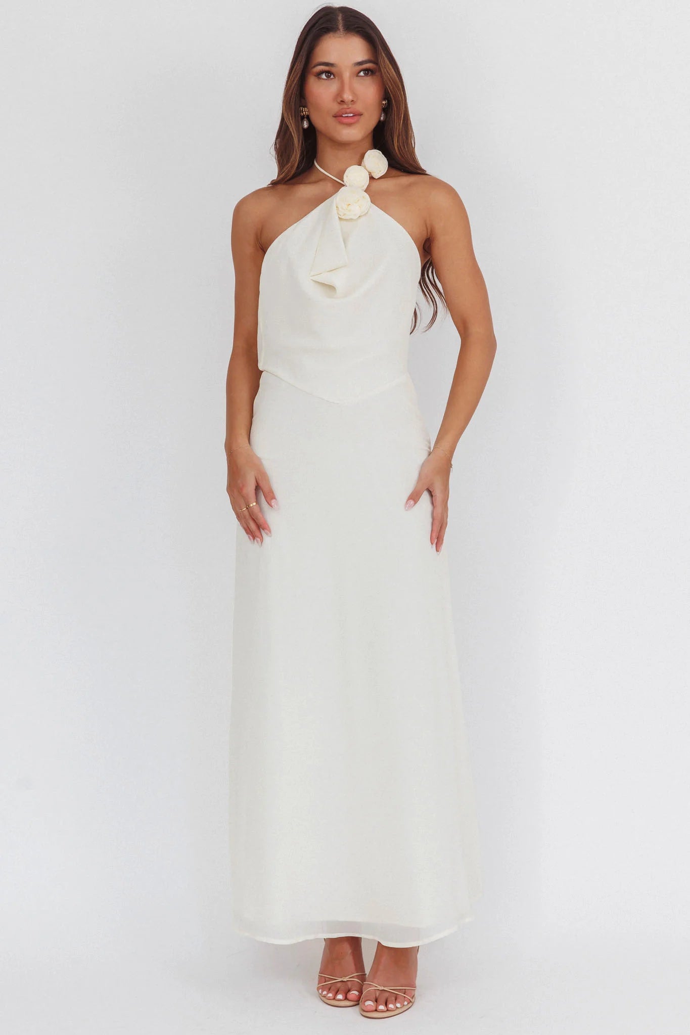 Petronilla Rosette Halterneck Maxi Dress Eggshell