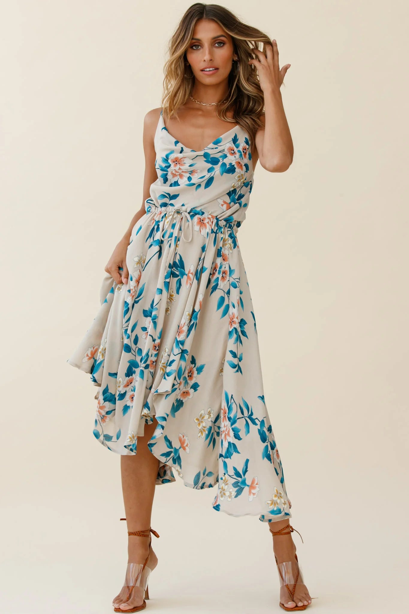 Ava Cowl Neck Drawstring Midi Dress Floral Print Mocha