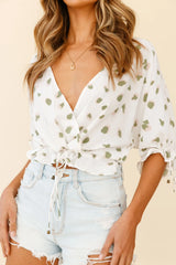 Distant Sun Drawstring Waist Crop Top Animal Print White