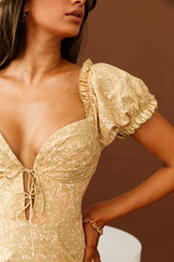 Field Dreams Puff Sleeve Tie-Up Bodice Dress Floral Print Pistachio