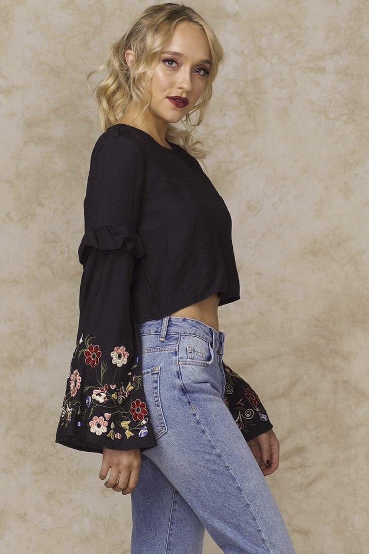 Normani Floral Bell Sleeved Crop Top Black