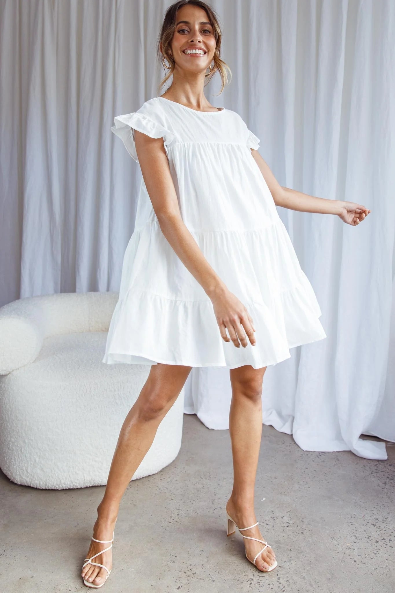 Hyacinth Ruffle Sleeve Smock Dress White