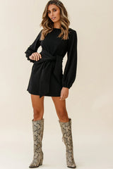 Rapt Waist Tie Bishop Sleeve Knit Dress Black