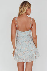 Flower Child Bust Tie Ruffle Trim Dress Rose Print Blue