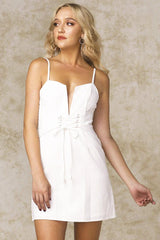 Dianna Corset Waist Deep V Dress White
