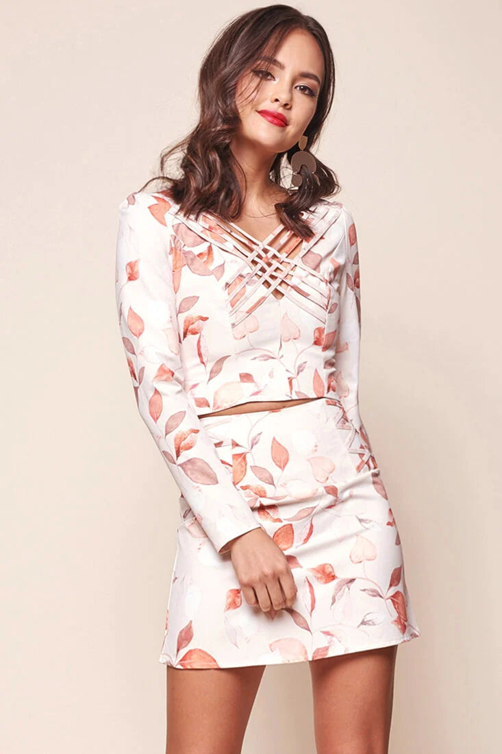 Andi Floral Print Cross Neck Top Nude