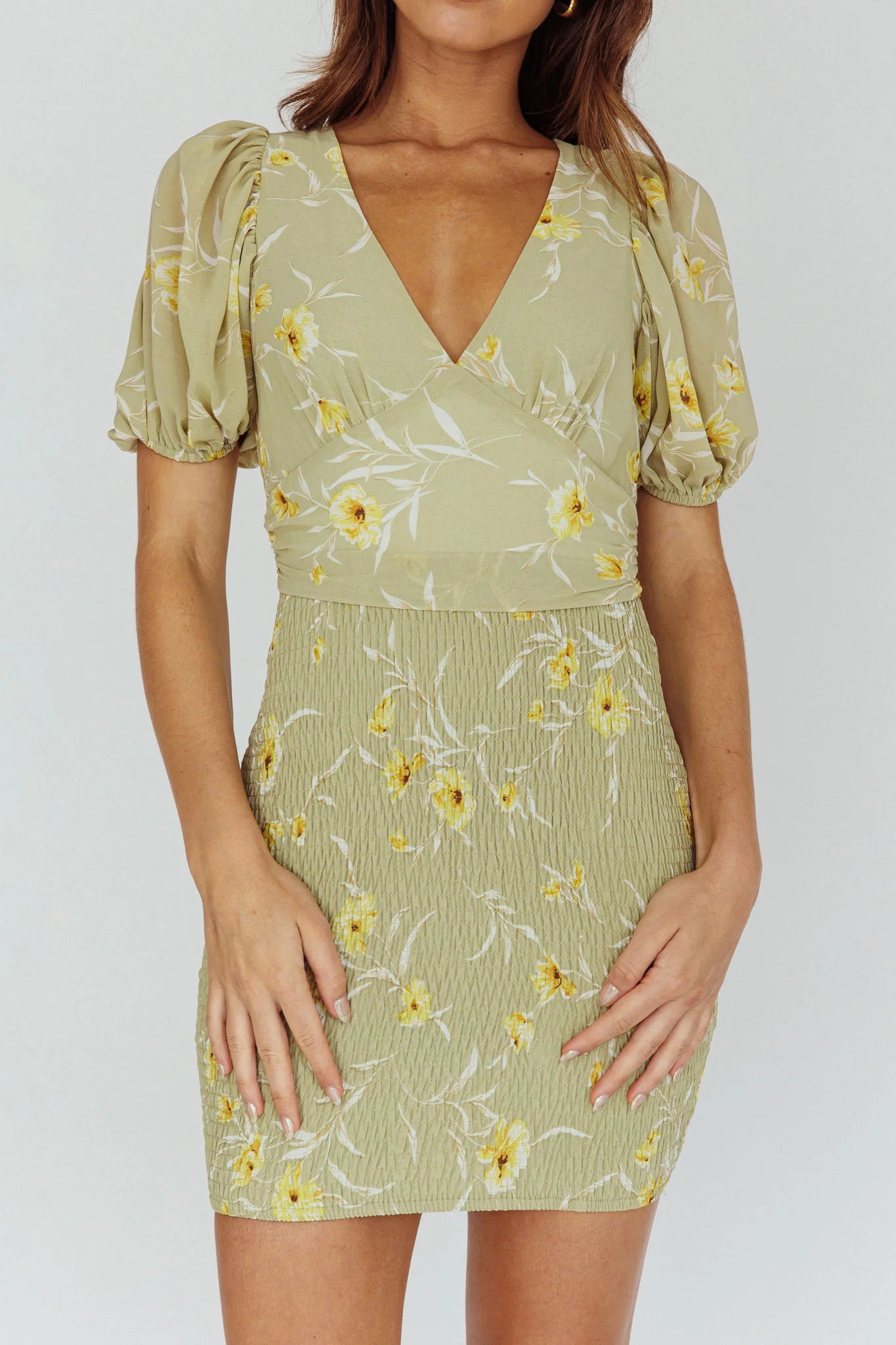 La Nena Shirred Mini Dress Floral Green