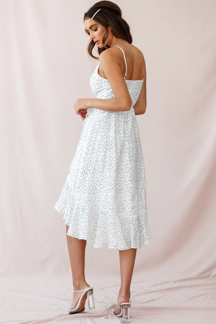 Blessed Wrap Ruffle Hem Midi Dress Dot Print White
