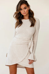 Minerva Flared Cuff Knit Wrap Dress Beige