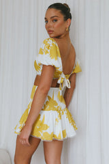 Escape With Me Shirred Mini Skirt Printed Mustard