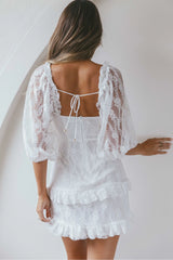 Hemingway Criss-Cross Bust Balloon Sleeve Frill Trim Lace Dress White