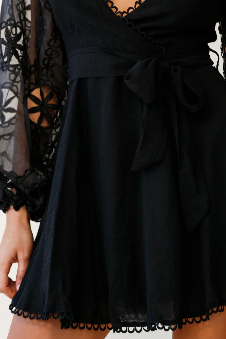 Dali Embroidered Chiffon Balloon Sleeve Dress Black
