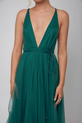 Floating By Plunging Neckline Mesh Overlay Midi Dress Forest Green