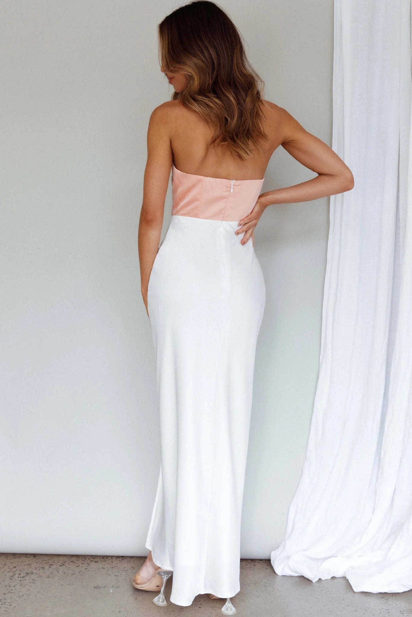 Everlee Strapless Split Midi Dress Peach