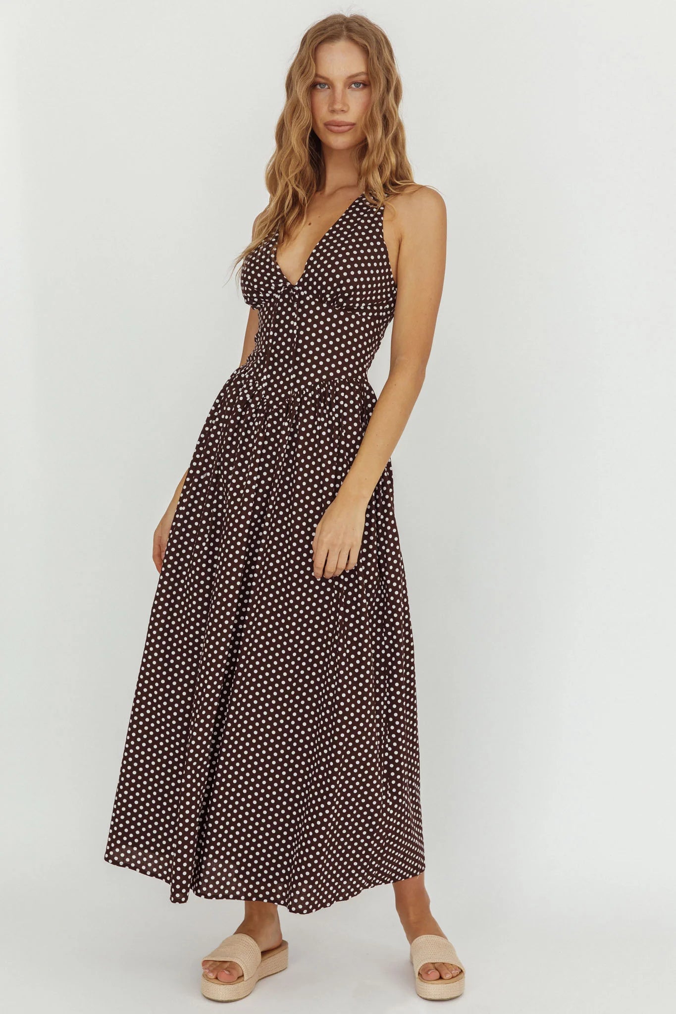Clarette Basque Waist Open Back Maxi Dress Spotted Chocolate