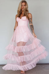 Moonlight Sonata Ruffle Mesh Maxi Dress Cameo Pink