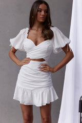 Mariel Puff Sleeve Crossover Bust Tied Back Mini Dress White