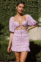 Aperol Spritz Shirred Bodice Puff Sleeve Mini Dress Floral Pink