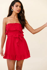 Dream All Day Shirred Ruffle Feature Strapless Dress Red