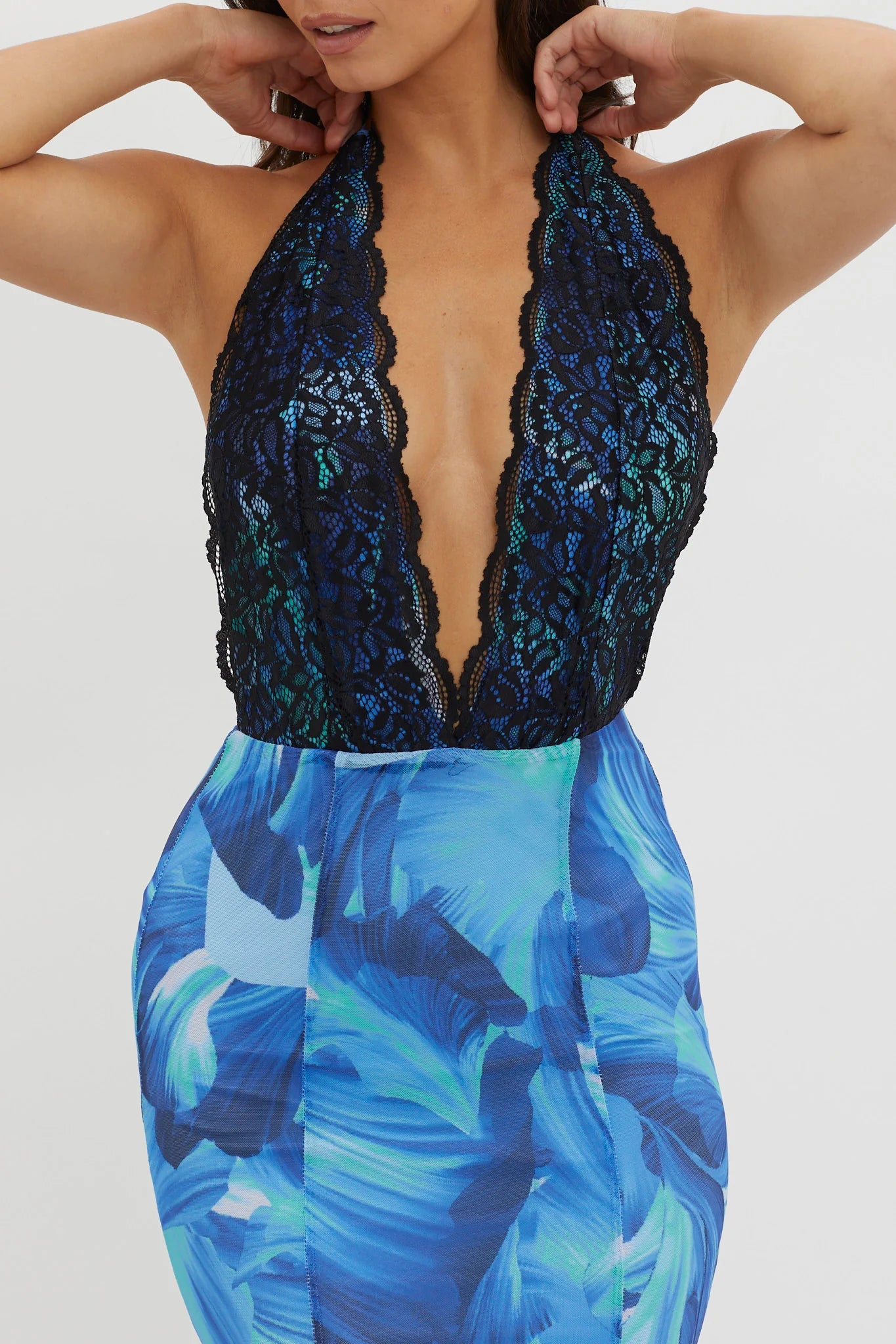 Mayah Lace Halterneck Maxi Dress Abstract Blue