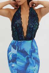Mayah Lace Halterneck Maxi Dress Abstract Blue